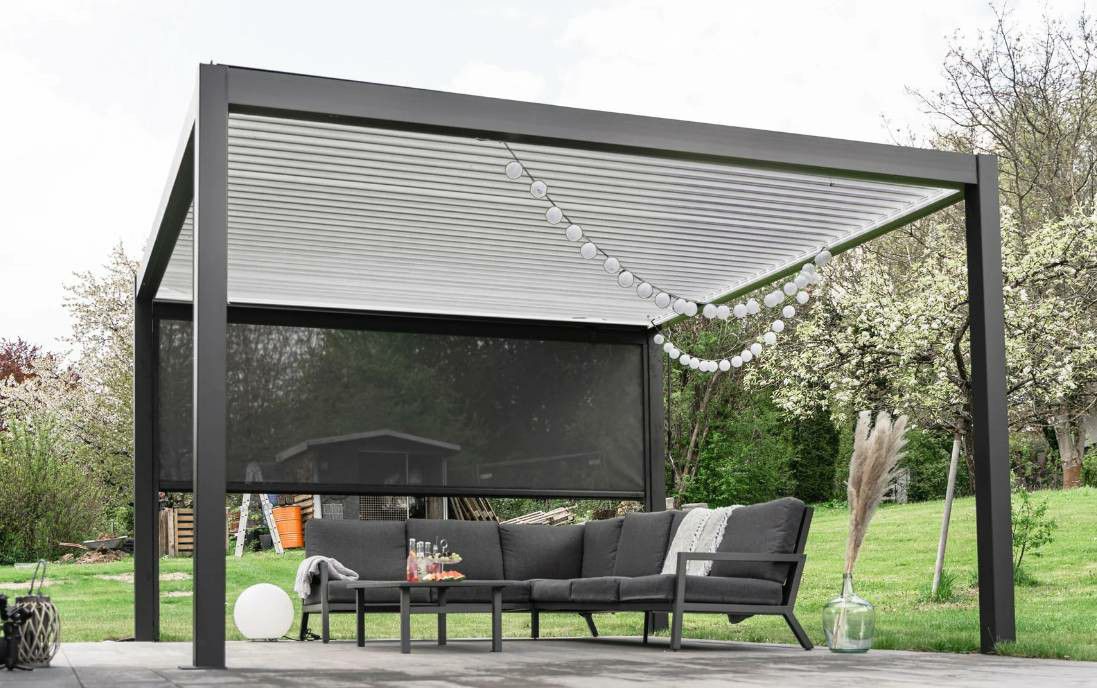 Aluminum Pergola Gazebo with Electric Motorized Adjustable Screens and Sun Shade Privacy Screen