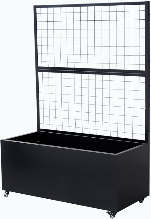 Black Modern Metal Rolling Planter Box with Lattice Trellis – Corten Steel Trough Planter with Casters – 66” x 46” x 21”