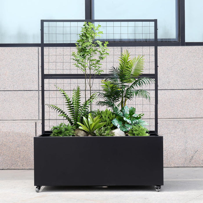 Black Modern Metal Rolling Planter Box with Lattice Trellis – Corten Steel Trough Planter with Casters – 66” x 46” x 21”