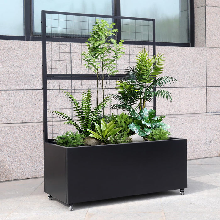 Black Modern Metal Rolling Planter Box with Lattice Trellis – Corten Steel Trough Planter with Casters – 66” x 46” x 21”