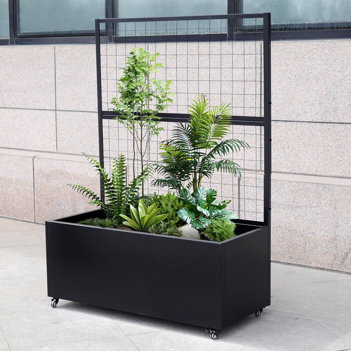 Black Modern Metal Rolling Planter Box with Lattice Trellis – Corten Steel Trough Planter with Casters – 66” x 46” x 21”