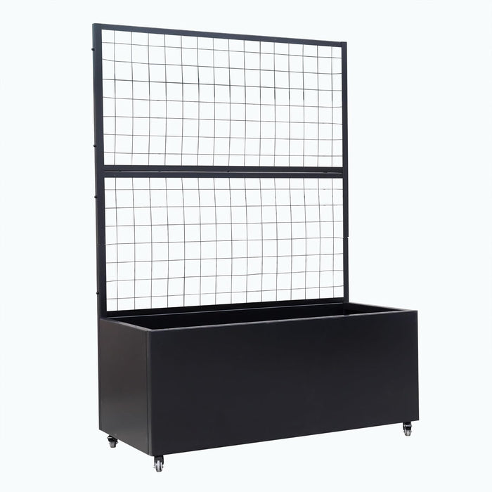 Black Modern Metal Rolling Planter Box with Lattice Trellis – Corten Steel Trough Planter with Casters – 66” x 46” x 21”