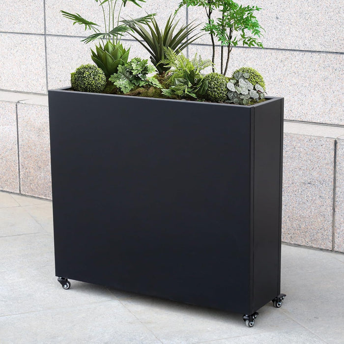 Modern Metal Planter Box with Lockable Wheels – Indoor/Outdoor Divider for Plants & Flowers – 40” x 36” x 12”