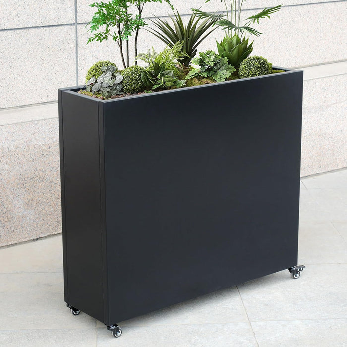 Modern Metal Planter Box with Lockable Wheels – Indoor/Outdoor Divider for Plants & Flowers – 40” x 36” x 12”