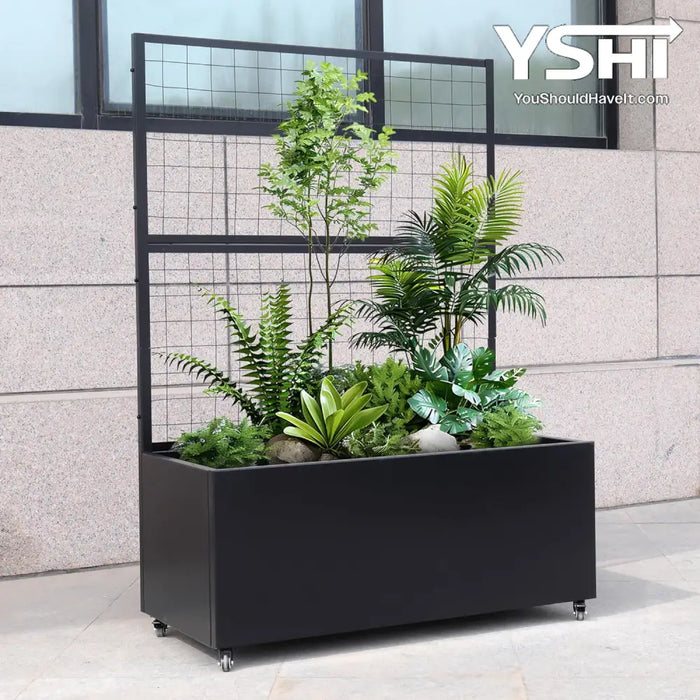 Black Modern Metal Rolling Planter Box With Lattice Trellis – Corten Steel Trough Casters 66” X