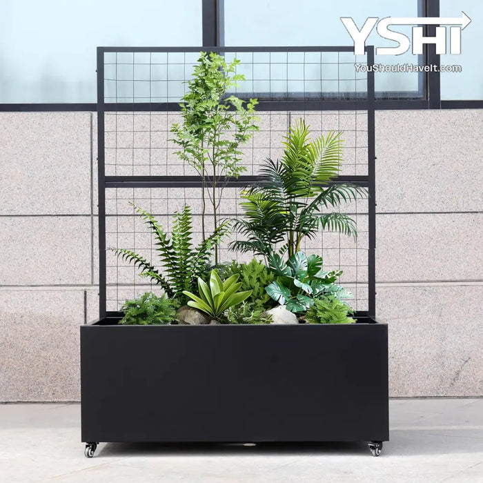 Black Modern Metal Rolling Planter Box With Lattice Trellis – Corten Steel Trough Casters 66” X