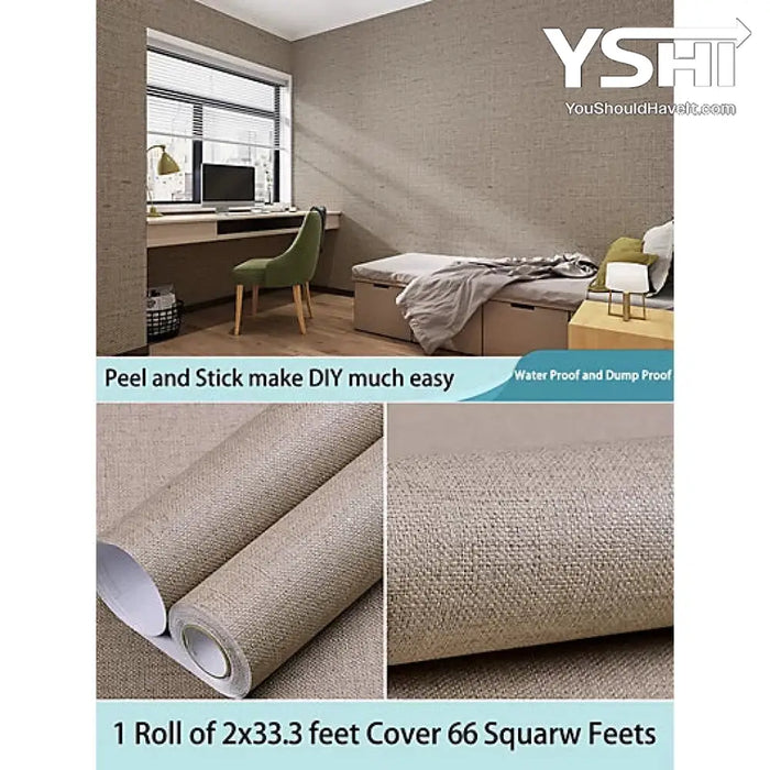 Brown Linen Texture Vinyl Self-Adhesive Peel And Stick Wallpaper Roll 2 X 33Ft /Roll