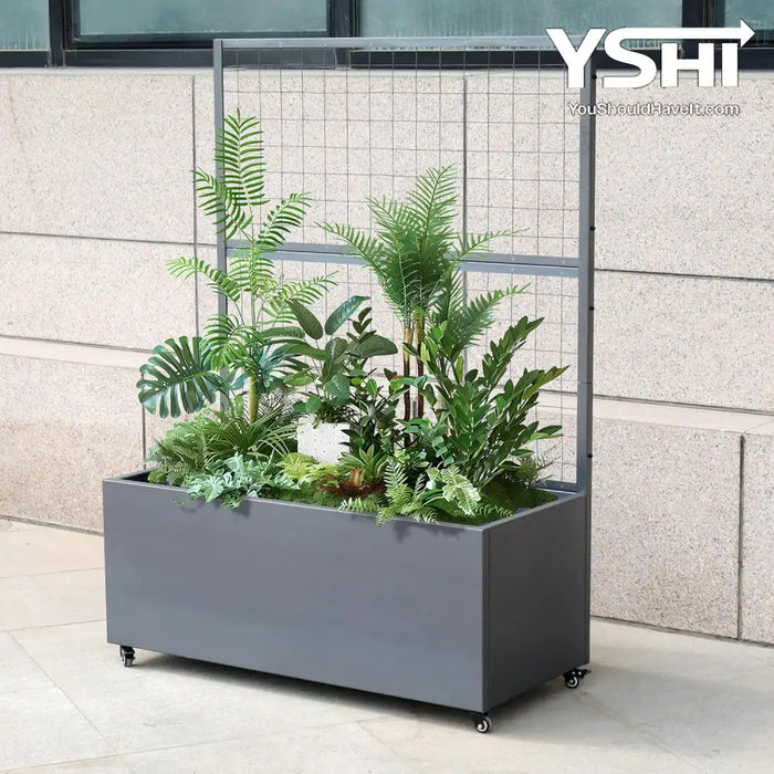 Gray Modern Metal Rolling Planter Box With Lattice Trellis – Corten Steel Trough Casters 66” X