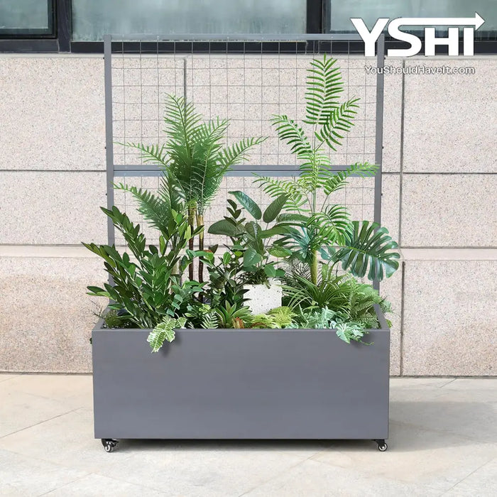 Gray Modern Metal Rolling Planter Box With Lattice Trellis – Corten Steel Trough Casters 66” X