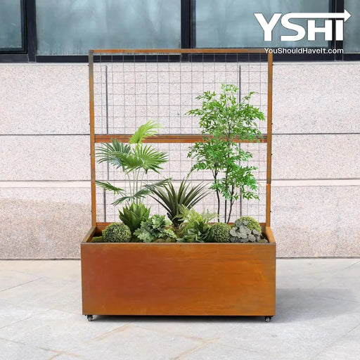 Rustic Modern Metal Rolling Planter Box With Lattice Trellis – Corten Steel Trough Casters 66”