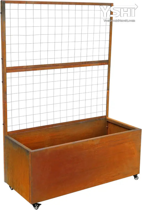 Rustic Modern Metal Rolling Planter Box With Lattice Trellis – Corten Steel Trough Casters 66”