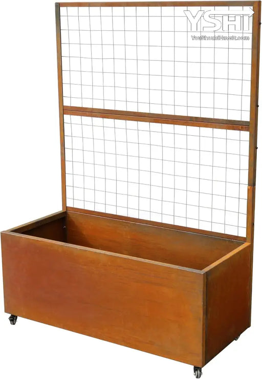 Rustic Modern Metal Rolling Planter Box With Lattice Trellis – Corten Steel Trough Casters 66”