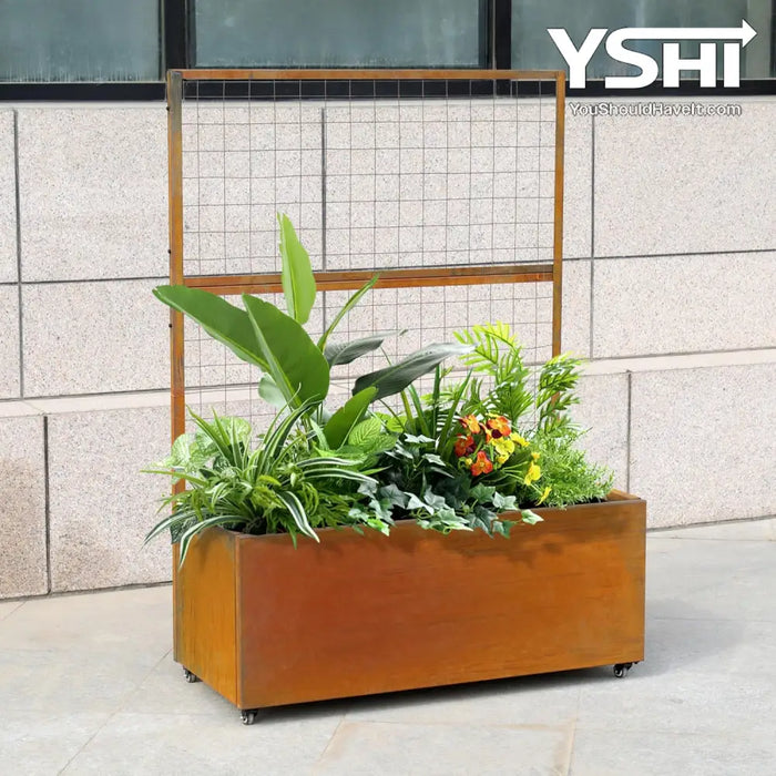 Rustic Modern Metal Rolling Planter Box With Lattice Trellis – Corten Steel Trough Casters 66”